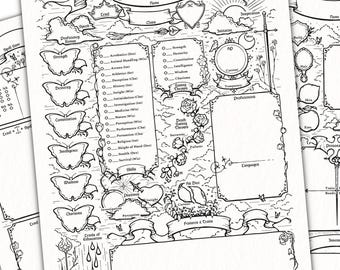 D&D Character Sheet - Illustrated Printable DnD Nature Gothic Flowery Forest Spellcaster