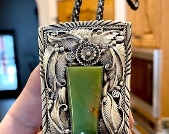 Dan Whitegoat 1970s Navajo, Green Turquoise Bolo Tie