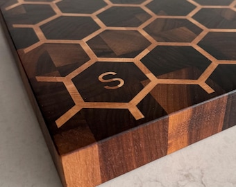 End Grain Cutting Board, Honeycomb Hexagon Inlay, Walnut Maple Butcher Block with Monogram Letter