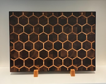End Grain Cutting Board, Honeycomb Hexagon Inlay, Walnut Maple Butcher Block
