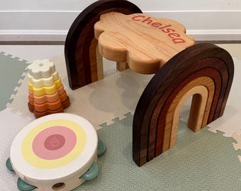 Baby's First Chair - Engraved Custom Rainbow Stool with Natural Wood Colours, Food Safe Finish - For 1-4 year olds - Made in Canada