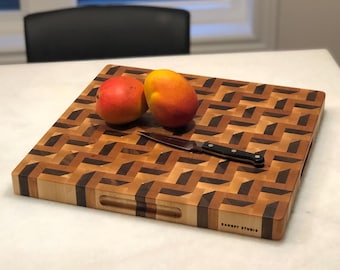 End Grain Cutting Board, 3D Staircase Pattern Wood Butcher Block, Handmade in Canada