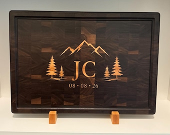 End Grain Cutting Board, Mountain Landscape Inlay with Initials and Date, For Weddings, Milestones, and other Celebrations, Walnut and Maple