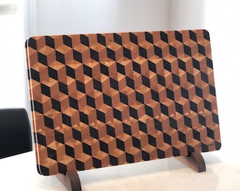 End Grain Cutting Board, 3D Cube Rhombille Pattern Wood Butcher Block, Handmade in Canada