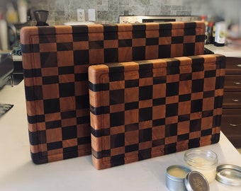 End Grain Cutting Chopping Board, Thick Butcher Block - Checker Pattern - Walnut Cherry - Handmade Canada - Juice Groove - FREE Conditioner