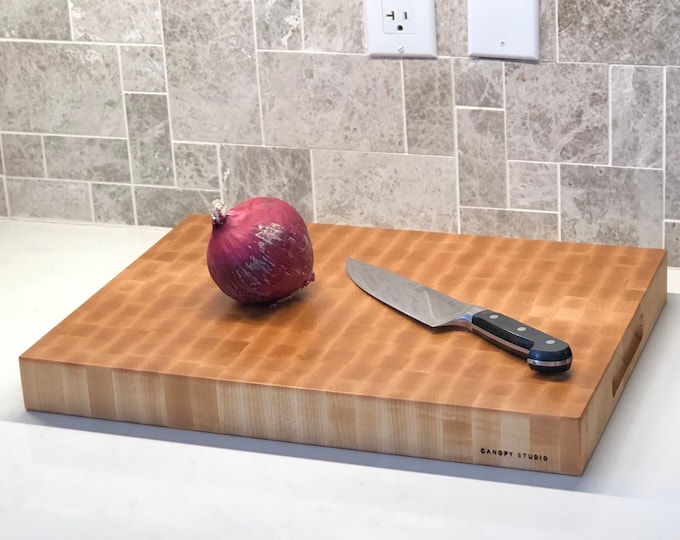 End Grain Cutting Chopping Board, Thick Butcher Block - Premium Local Maple - Handmade Canada - Opt Juice Groove, Handles - FREE Conditioner