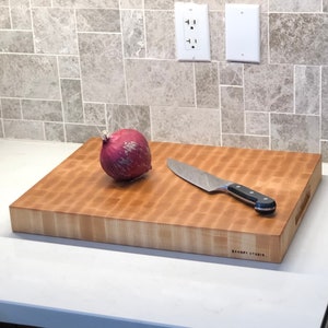 End Grain Cutting Chopping Board, Thick Butcher Block - Premium Local Maple - Handmade Canada - Opt Juice Groove, Handles - FREE Conditioner