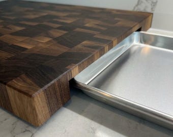 End Grain Cutting Board with Tray, Solid Walnut | Butcher Block, Chopping Board - Custom Gift for Housewarming & Chefs - FREE Conditioner