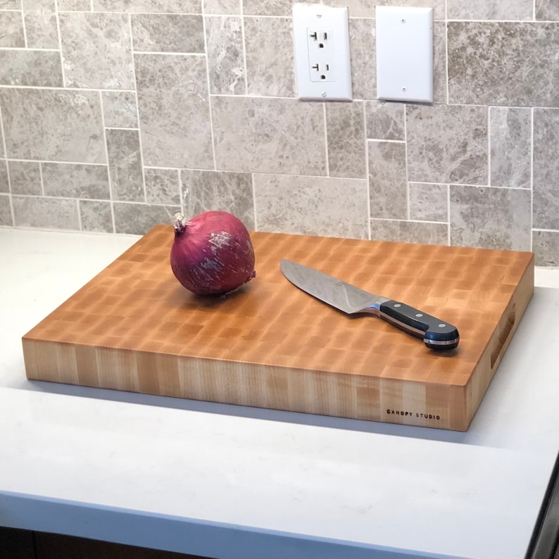 End Grain Cutting Chopping Board, Thick Butcher Block - Premium Local Maple - Handmade Canada - Opt Juice Groove, Handles - FREE Conditioner image 1