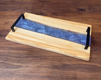 Magical Purple Clouds Epoxy Olive Wood Serving Ottoman Tray - Charcuterie Cheese Board Plate - Opt Hand Hold Pulls - Handcrafted in Canada