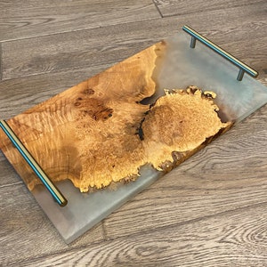 Ocean Seaside Epoxy Maple Burl Wood Serving Ottoman Tray - Charcuterie Cheese Board Plate - Opt Hand Holds - Handcrafted in Canada