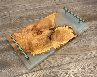 Ocean Seaside Epoxy Maple Burl Wood Serving Ottoman Tray - Charcuterie Cheese Board Plate - Opt Hand Holds - Handcrafted in Canada