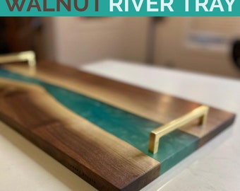 CUSTOMIZE YOUR OWN River Epoxy Walnut Serving Tray - Ottoman Tray - Charcuterie Cheese Board - Opt Hand Hold Pulls - Handcrafted in Canada