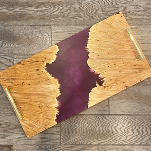 LARGE Northern Lights Epoxy Maple Burl Wood Serving Ottoman Tray - Charcuterie Cheese Board Plate - Opt Hand Holds - Handcrafted in Canada