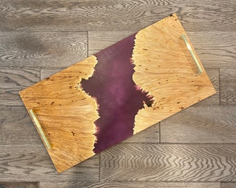 LARGE Northern Lights Epoxy Maple Burl Wood Serving Ottoman Tray - Charcuterie Cheese Board Plate - Opt Hand Holds - Handcrafted in Canada
