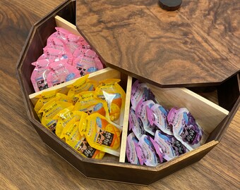 Walnut & Maple Dodecagon 12-Sided Solid Wood Candy Sweet Box with Lid - Storage for Snacks, Dried Fruits, Nuts - Handcrafted in Canada