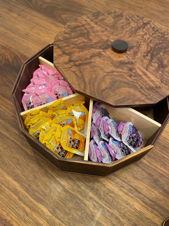 Walnut & Maple Dodecagon 12-Sided Solid Wood Candy Sweet Box with Lid - Storage for Snacks, Dried Fruits, Nuts - Handcrafted in Canada