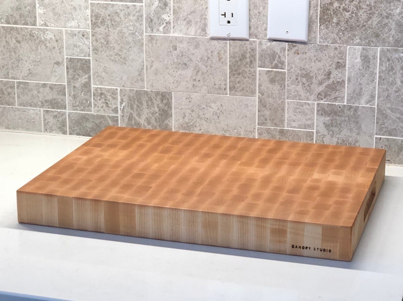 End Grain Cutting Chopping Board, Thick Butcher Block - Premium Local Maple - Handmade Canada - Opt Juice Groove, Handles - FREE Conditioner image 4