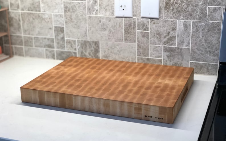 End Grain Cutting Chopping Board, Thick Butcher Block - Premium Local Maple - Handmade Canada - Opt Juice Groove, Handles - FREE Conditioner image 3
