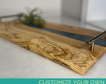 CUSTOMIZE YOUR OWN River Epoxy Olivewood Serving Tray - Ottoman Tray - Charcuterie Cheese Board - Opt Hand Hold Pull - Handcrafted in Canada