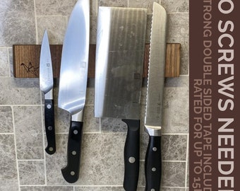 Live Edge Walnut Magnetic Wall Mount Knife Block - Strong Double Sided Tape - Holds up to 5 Knives - Made with Rare Earth Magnets in Canada
