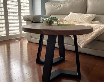 Round Walnut Living Room Coffee Side Table - Black Cress Shaped Metal Legs - Rustic Mid Century Organic Modern - Handmade in Canada
