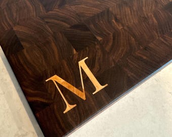 Monogram Maple Inlay Walnut End Grain Cutting Board, Engraved Chopping Serving Board - Handmade Canada w/Conditioner Presentation Gift Box