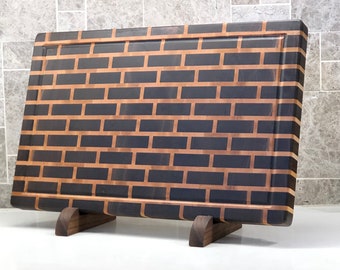 End Grain Cutting Board, Blackstone Brick Pattern Thick Butcher Block - Handmade w/ Premium Wood - Opt Juice Groove - FREE Board Conditioner