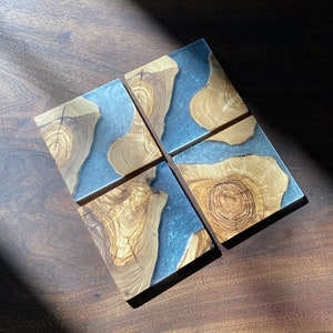 Heavy Duty Clear & Transparent Olive Wood End Grain Cookie Epoxy Drink Coaster Set | Made with Rustic Olive Wood | Handcrafted in Canada