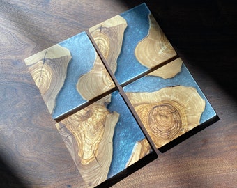Heavy Duty Clear & Transparent Olive Wood End Grain Cookie Epoxy Drink Coaster Set | Made with Rustic Olive Wood | Handcrafted in Canada