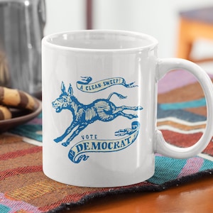Retro 1960s Reprint - Vote Democrat A Clean Sweep! 1968 Democrat Election Campaign Graphic, Democrat Donkey, Coffee Mug