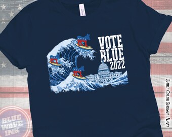 Vote Blue 2022 Great Blue Wave Surfing Democrat Donkey Shirt - Progressive Midterm Election Voter Shirt - Expand the House + Senate