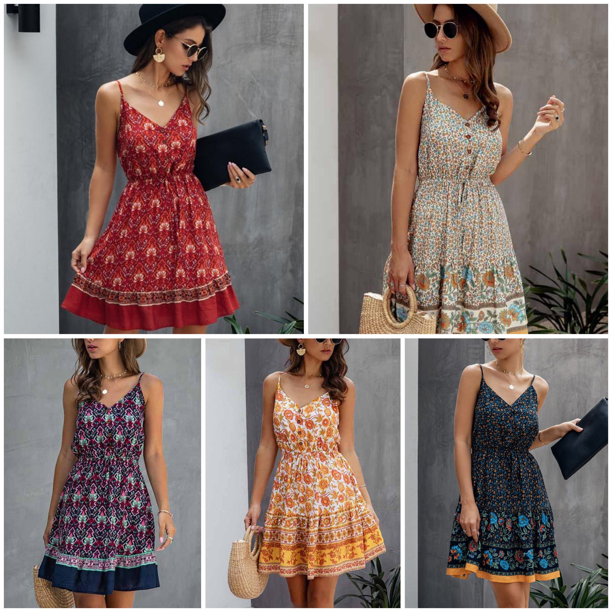 Image of Cotton Summer Women Buttons Dress | Mini Sundress Short Backless Slip Elastic Waist Sleeveless Dresses V Neck Casual