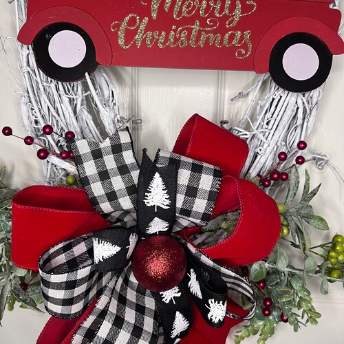 Farmhouse country Christmas wreath, vintage red truck wreath, shops winter style Holiday wreath, white grapevine Christmas wreath, Christmas decor
