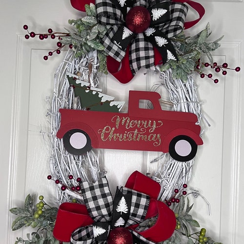 Farmhouse country Christmas wreath, vintage red truck wreath, shops winter style Holiday wreath, white grapevine Christmas wreath, Christmas decor