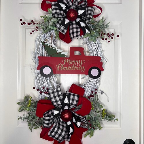 Farmhouse country Christmas wreath, vintage red truck wreath, shops winter style Holiday wreath, white grapevine Christmas wreath, Christmas decor