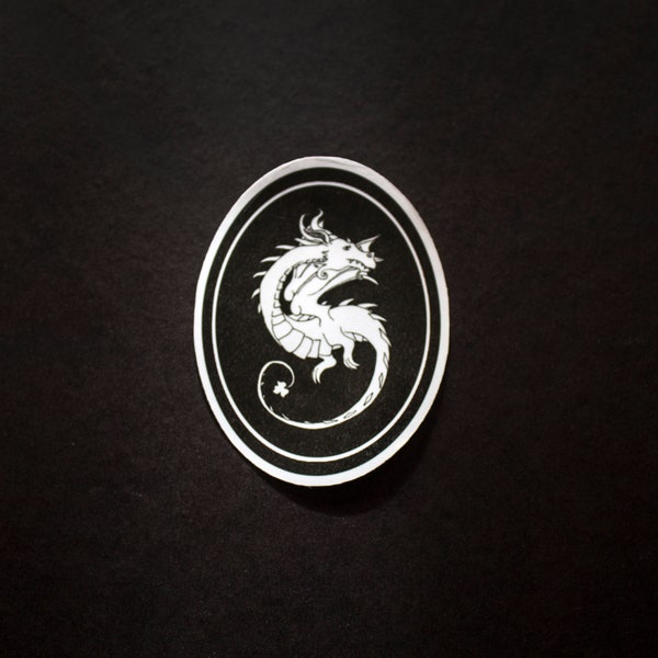 Oval Dragon Sticker, Dragon Art, Fantasy sticker, Laptop Sticker, Dragons, Fantasy art, Black and White, Dragon Decal, Dragon Illustration