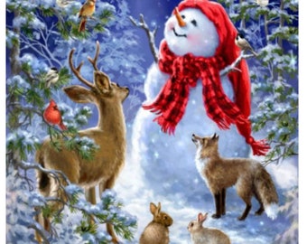Fabric Panel Starry Night Snowman Winter Christmas Dona Gelsinger Timeless Treasures
