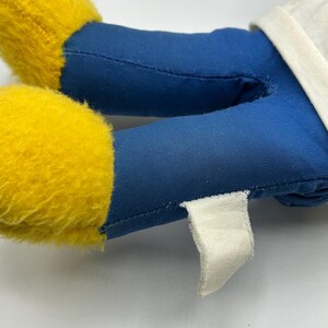 Peut inclure: Gros plan sur les jambes et une partie du torse d'une peluche. Les jambes sont bleues avec des pieds jaunes et duveteux. Une &eacute;tiquette blanche est attach&eacute;e au tissu bleu. Le torse est blanc.