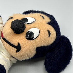Peut inclure: Une peluche repr&eacute;sentant le visage d'un personnage de dessin anim&eacute;, avec un visage beige, des yeux noirs et un nez noir. Le personnage a des poils bleu fonc&eacute; autour du visage et des oreilles. Le jouet est partiellement visible, avec une chemise blanche et cr&egrave;me.