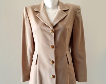 90s Womens Suit Jacket, Beige Vintage Blazer Faux Corduroy Leopard Buttons, Ladies Fitted Jacket Longline