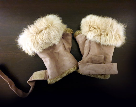 Vintage Faux Suede Rabbit Fur Mittens Fingerless G
