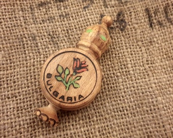 Authentic Vintage Handmade Traditional Miniature Wooden Bottle Bulgarian Rose Essential Oil Vial Folk Art Souvenir
