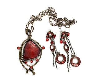 Vintage Statement Jewelry Set Necklace Earrings Red and Bronze