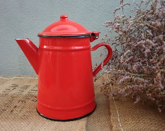 Vintage Red Enamel Teapot 70s Rustic Kitchen Decor