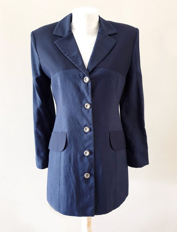 Vintage Womens Suit Jacket, 90s Dark Blue Longline La… - Gem