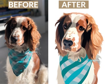 May include: A digital illustration of a brown and white dog wearing a blue and white bandana. The dog has brown eyes and a brown nose. The background is white.