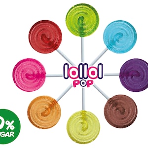 May include: A colorful assortment of lollipops arranged in a circle around the logo "lolloi POP". The lollipops are all different colors, including red, pink, orange, yellow, green, blue, and purple. The text "0% SUGAR" is displayed in green at the bottom of the image.