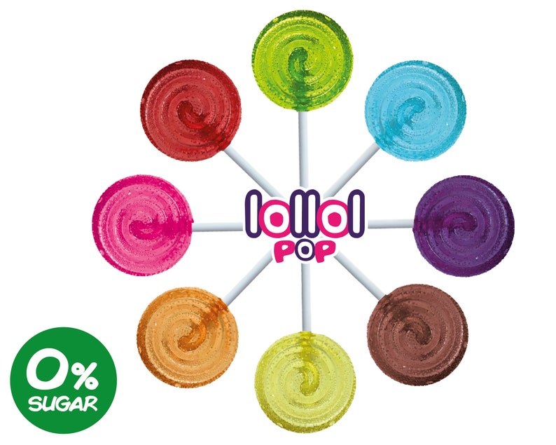 May include: A colorful assortment of lollipops arranged in a circle around the logo "lolloi POP". The lollipops are all different colors, including red, pink, orange, yellow, green, blue, and purple. The text "0% SUGAR" is displayed in green at the bottom of the image.