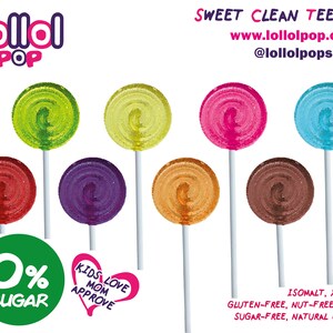 May include: Assortment of colorful lollipops with a swirl design. The lollipops are on white sticks and are arranged in a row. The text "lollol POP" is in the upper left corner of the image. The text "SWEET CLEAN TEETH" is in the upper right corner of the image. The text "www.lollolpop.com" is below the text "SWEET CLEAN TEETH". The text "@lollolpopshop" is below the text "www.lollolpop.com". The text "0% SUGAR" is in the lower left corner of the image. The text "KIDS LOVE MOM APPROVE" is in the lower center of the image. The text "ISOMALT, XYLITOL, GLUTEN-FREE, NUT-FREE, VEGAN, SUGAR-FREE, NATURAL FLAVORS" is in the lower right corner of the image.